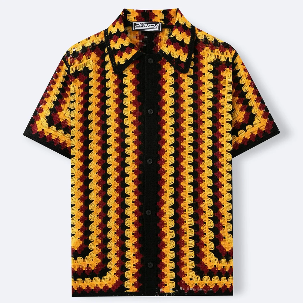 Men's Contrast Striped Hollow Short-Sleeved Shirt American Retro Fashion Trend Loose Casual Breathable Niche Summer Men's Tops - Image 4