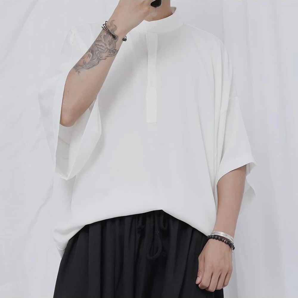 Mens Minimalist Plain Japanese Half Sleeves Shirt Streetwear Fashion Nightclubs Loose Fit Versatile Short-Sleeve Tops 2026 New - Image 5