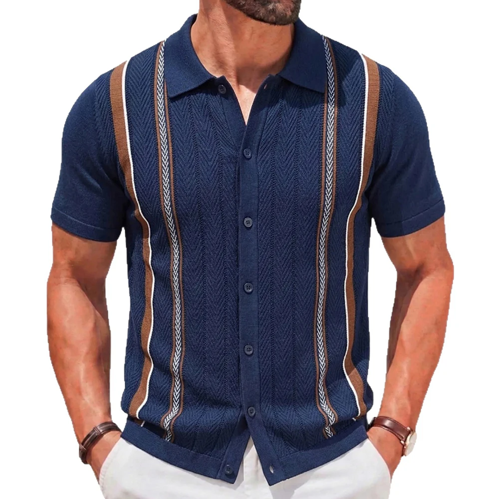 Summer New Men's Striped Color Block Short-Sleeve Shirt American Retro Fashion Trendy Street Casual Breathable Niche Men's Top - Image 3