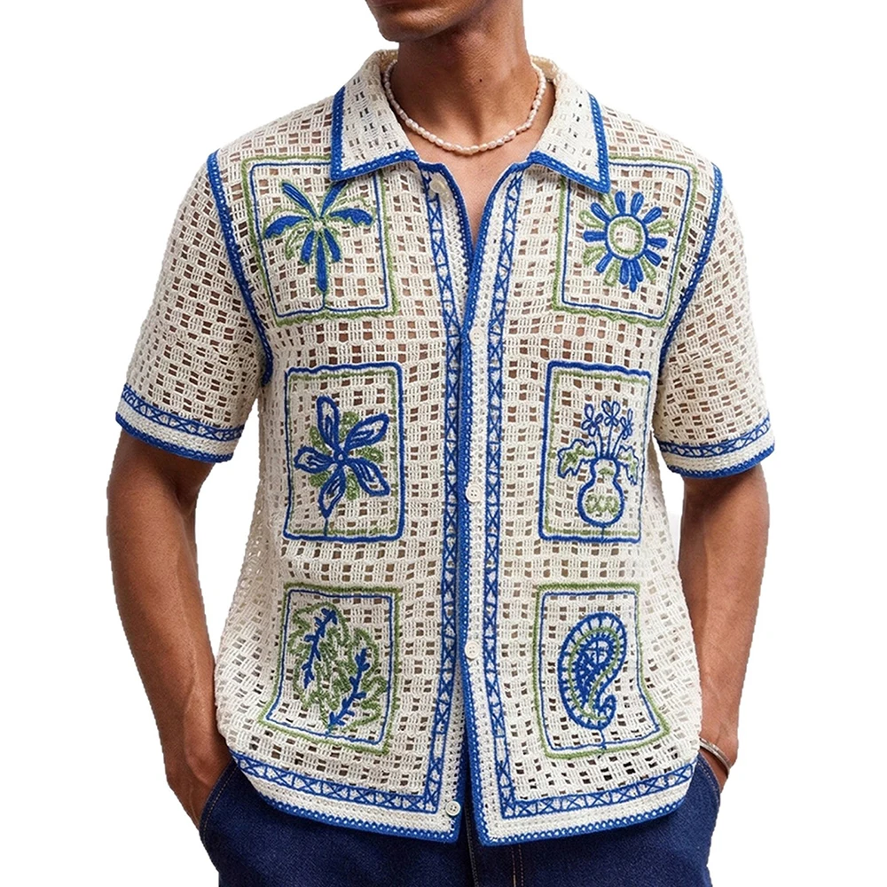 Summer New Men's Color Block Knitted Short-Sleeve Shirt Retro Fashion Trendy Street Loose Casual Breathable Vacation Men's Top - Image 2