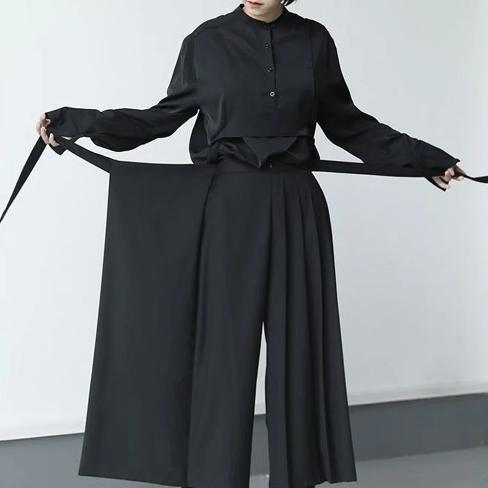 Double-layer Pleated Dark Loose Nine-point Wide-leg Pants Unisex Versatile High-waisted Tight-waisted Straight Culottes
