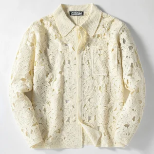 2025 Winter New Men's Hollow-out Long-sleeved Shirt American Retro Fashion Trendy High Street Loose Casual Niche Men's Top