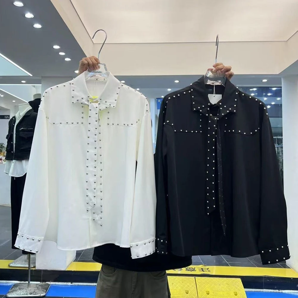 Mens Shirts Rivets Ribbons Casual Shirts Streetwear Trendy Niche Youth Campus Performance Long-Sleeved Tops Men'S Clothing 2025 - Image 4