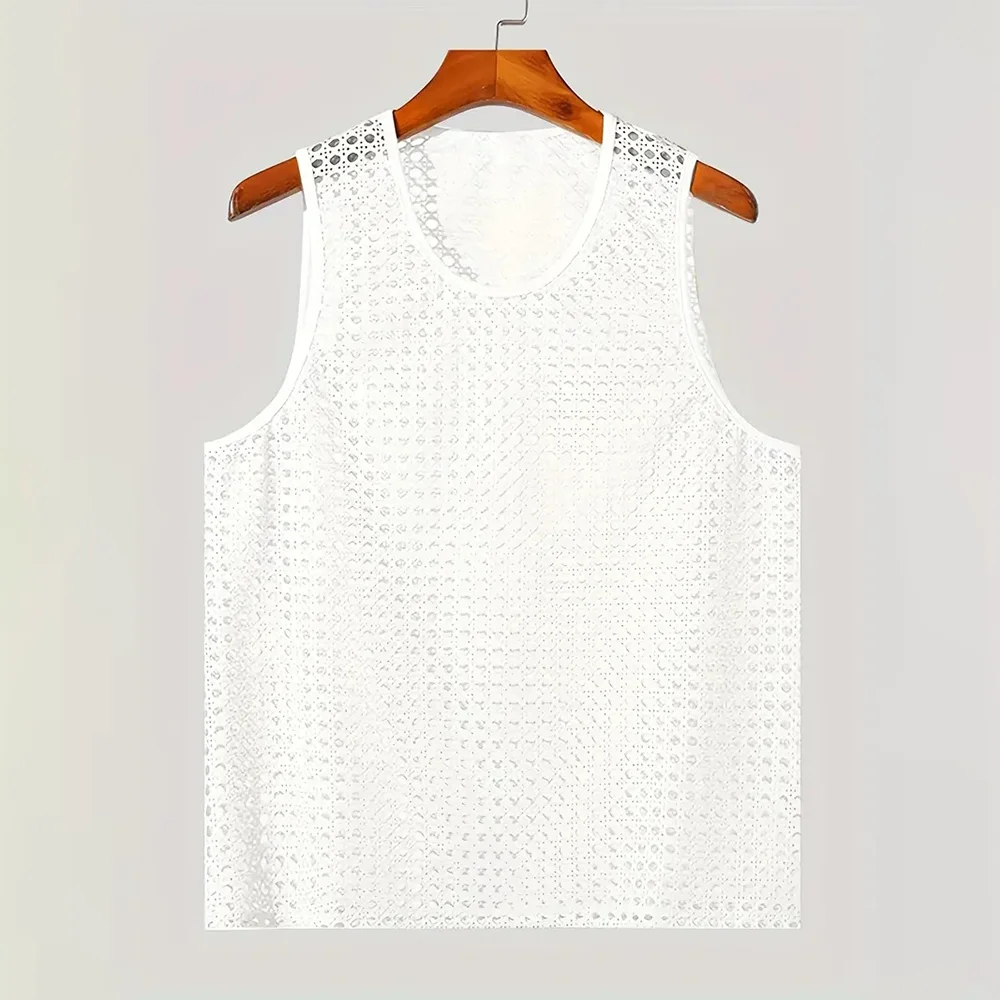 Summer Men's Solid Hollow Mesh Knitted Sleeveless Vest Sexy Fashion Casual Trend Simple Loose Breathable Sports Gym Men's Tops - Image 9