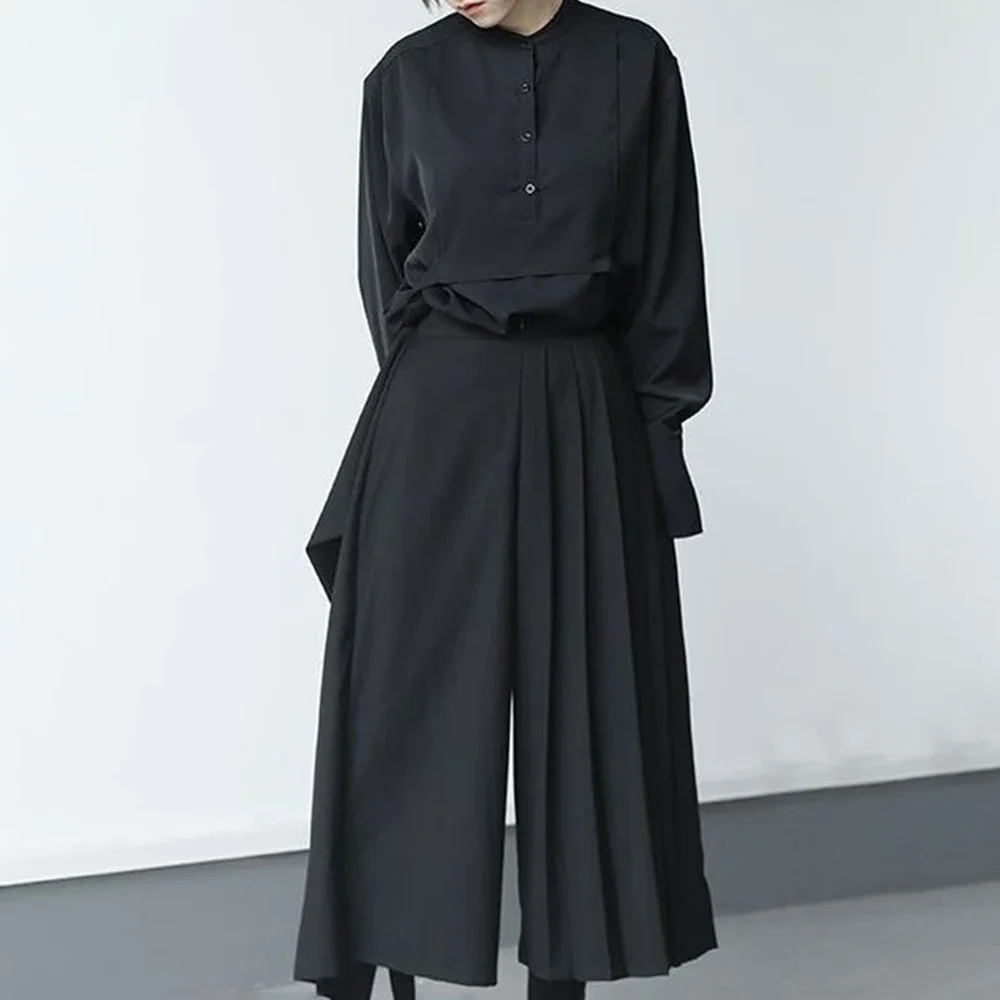 Double-layer Pleated Dark Loose Nine-point Wide-leg Pants Unisex Versatile High-waisted Tight-waisted Straight Culottes - Image 4