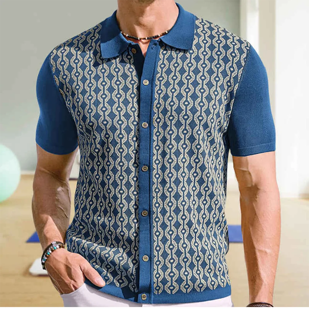 Summer New Men's Short-Sleeved Jacquard Cardigan Knitted Shirt Retro Fashion Trend Casual Loose Breathable Niche Men's Tops - Image 2