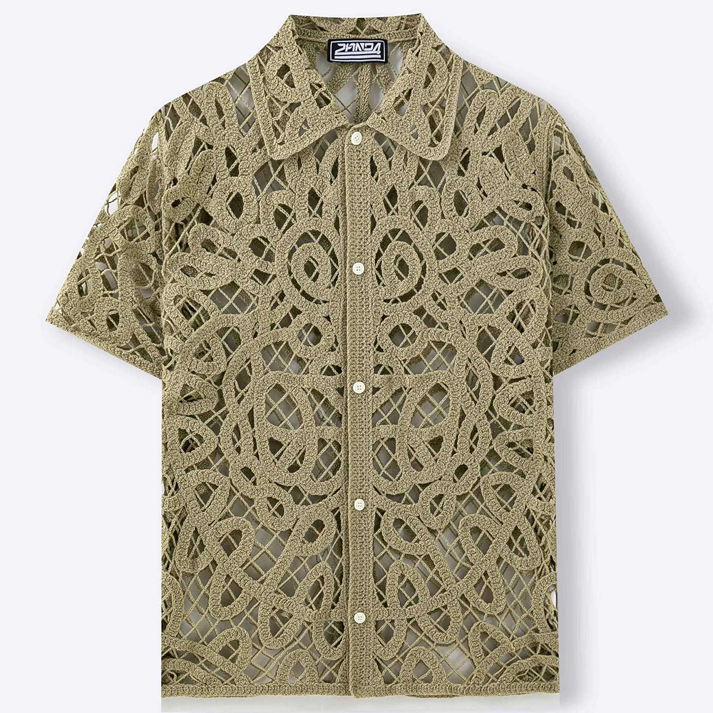 2026 Summer New Men's Solid Color Hollow-Out Short-Sleeve Shirt Retro Fashion Trendy Street Casual Loose Breathable Men's Top - Image 3
