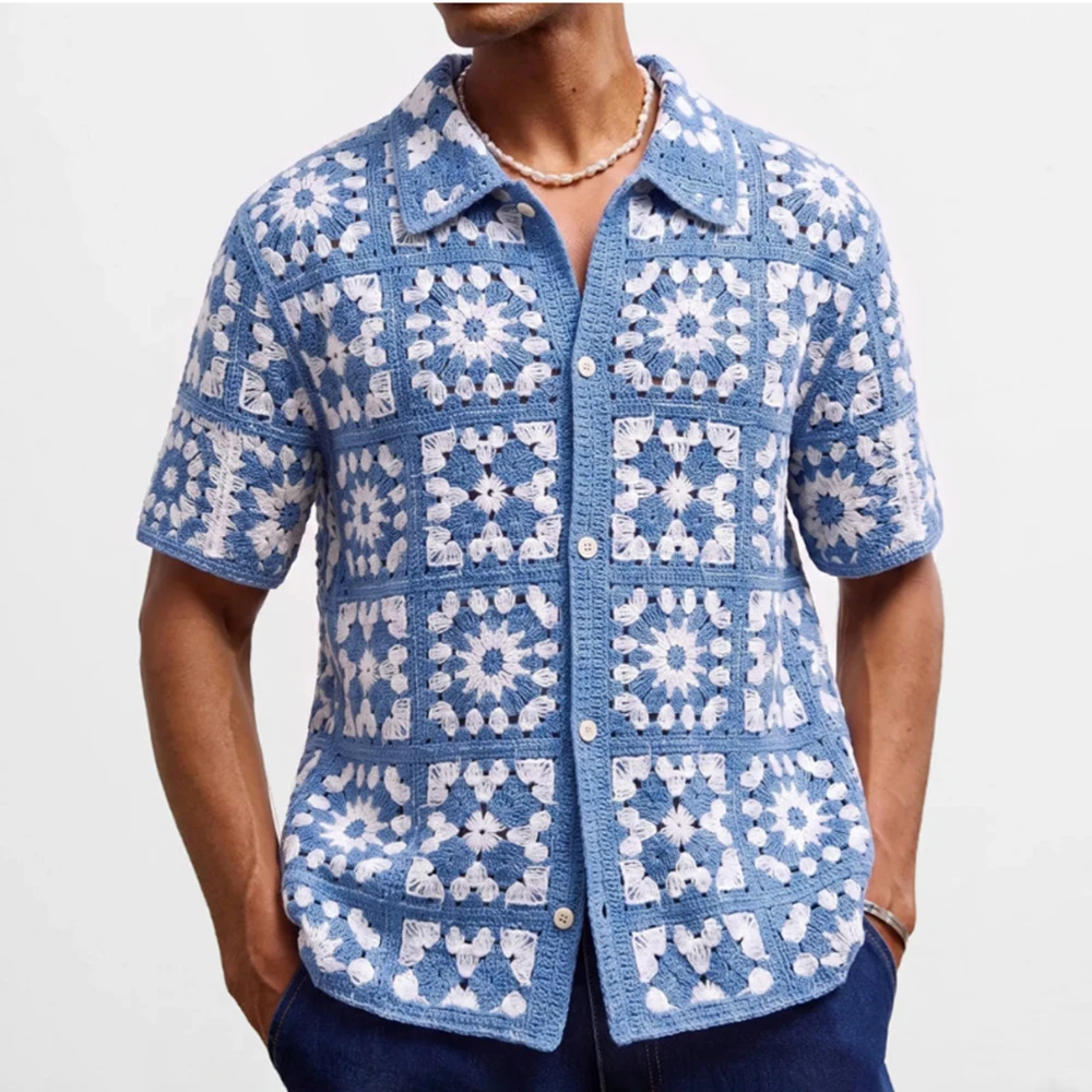 2026 Summer New Men's Knitted Short-Sleeve Shirt American Retro Fashion Trendy High Street Loose Casual Breathable Men's Top