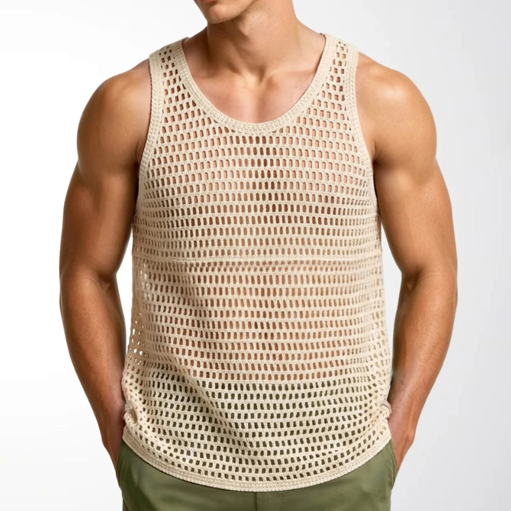 2026 Summer New Men's Solid Color Knitted Sleeveless Vest Retro Fashion Trendy Street Loose Breathable Casual Niche Men's Top