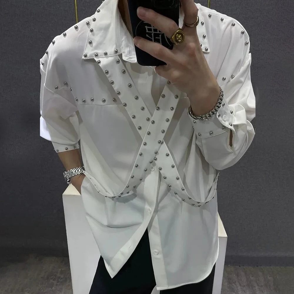 Mens Ribbons Rivets Shirts Autumn Streetwear Fashion Trends Campus Performances Casual Long-Sleeve Tops Men'S Clothing 2024 - Image 4