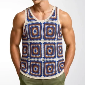 2026 Summer New Men's Geometric Knit Sleeveless Vest Retro Fashion Trendy Street Loose Breathable Casual Niche Men's Tops