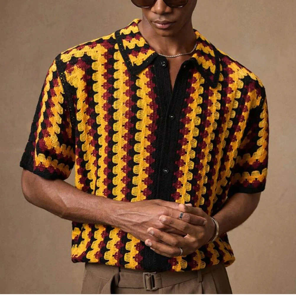 Men's Contrast Striped Hollow Short-Sleeved Shirt American Retro Fashion Trend Loose Casual Breathable Niche Summer Men's Tops - Image 2