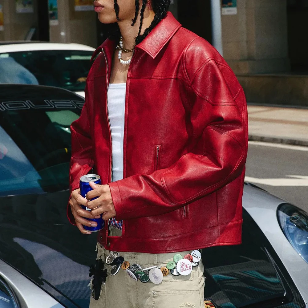 Men's Red Long-Sleeved Pu Leather Jacket American Retro Fashion Trend Street Hip-Hop Loose Casual Niche 2025 Men's New Jacket - Image 6
