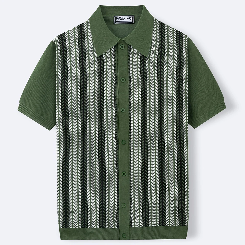 Summer Men's Color Matching Striped Jacquard Knitted Short-Sleeved Shirt Casual Fashion Trend Loose Breathable Daily Men's Tops - Image 6