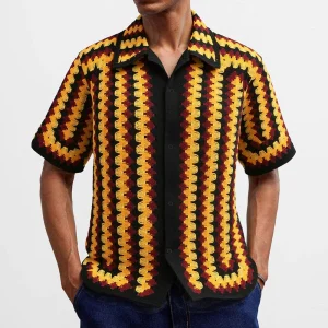 Men's Contrast Striped Hollow Short-Sleeved Shirt American Retro Fashion Trend Loose Casual Breathable Niche Summer Men's Tops
