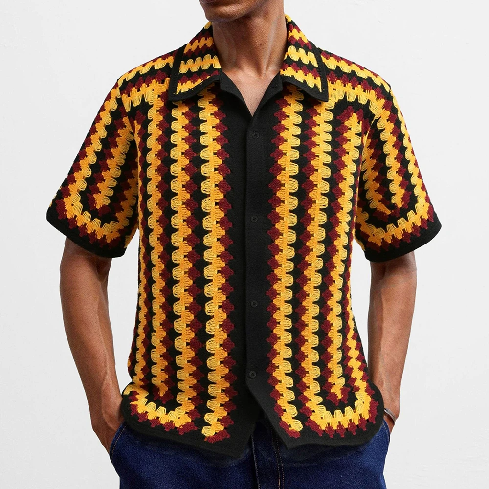 Men's Contrast Striped Hollow Short-Sleeved Shirt American Retro Fashion Trend Loose Casual Breathable Niche Summer Men's Tops