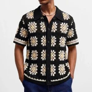 Summer New Men's Color Block Knitted Short-Sleeve Shirt American Retro Fashion Trendy Casual Simple Loose Breathable Men's Top