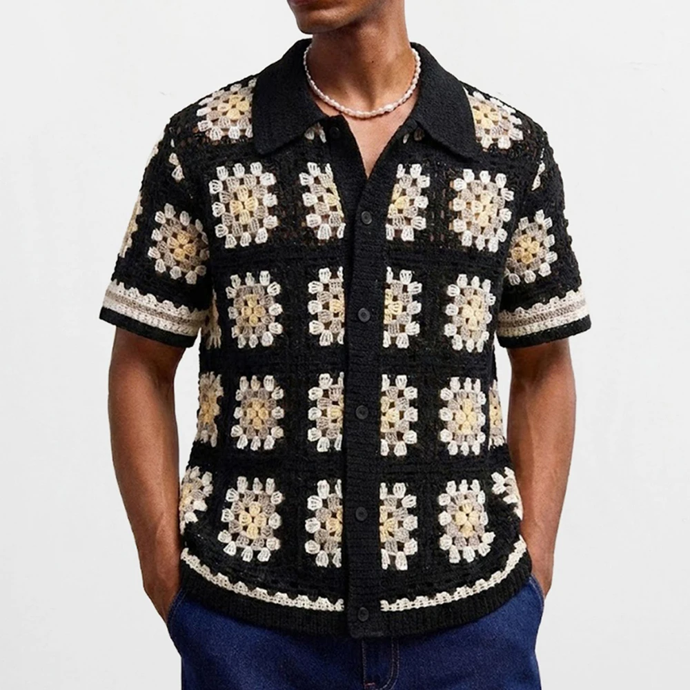 Summer New Men's Color Block Knitted Short-Sleeve Shirt American Retro Fashion Trendy Casual Simple Loose Breathable Men's Top