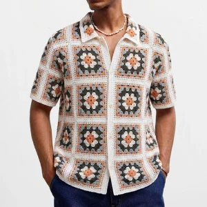 Summer New Men's Hollow-Out Short-Sleeve Shirt American Retro Fashion Trendy High Street Loose Casual Vacation Niche Men's Tops