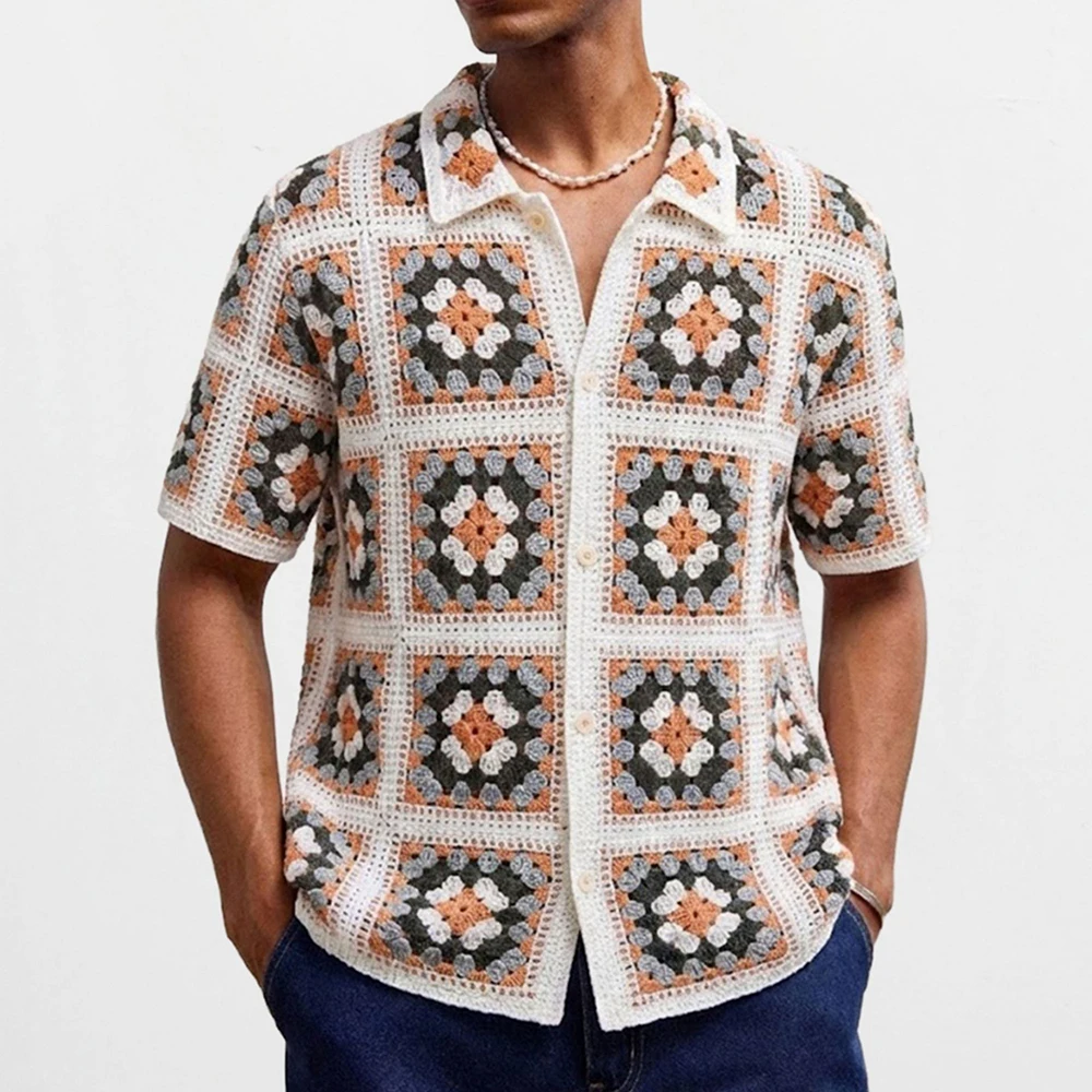 Summer New Men's Hollow-Out Short-Sleeve Shirt American Retro Fashion Trendy High Street Loose Casual Vacation Niche Men's Tops