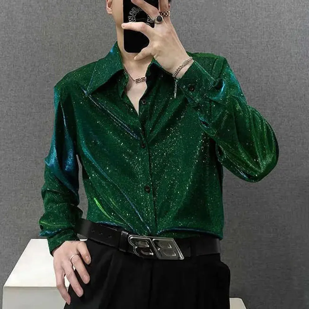 Mens Shirt Reflective Shiny Shoulder Pad Shirt Fashion Personality Temperament Performance Costume Top Men'S Clothing Spring New - Image 2