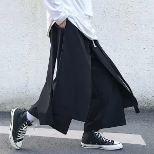 Fake Two-Piece Pants Men Male New Loose Wide-Leg Trousers Casual Straight Streetwear Spring Autumn Hip-Hop Pantalons Capris