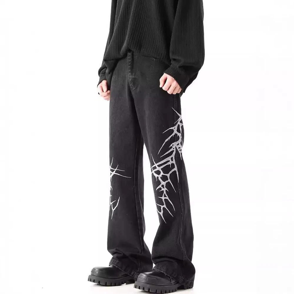 Hip-Hop Street Niche Loose Straight Y2k Jeans Mens American High Street Fashion Trend Leisure Heavy Embroidery Flared Trousers - Image 3