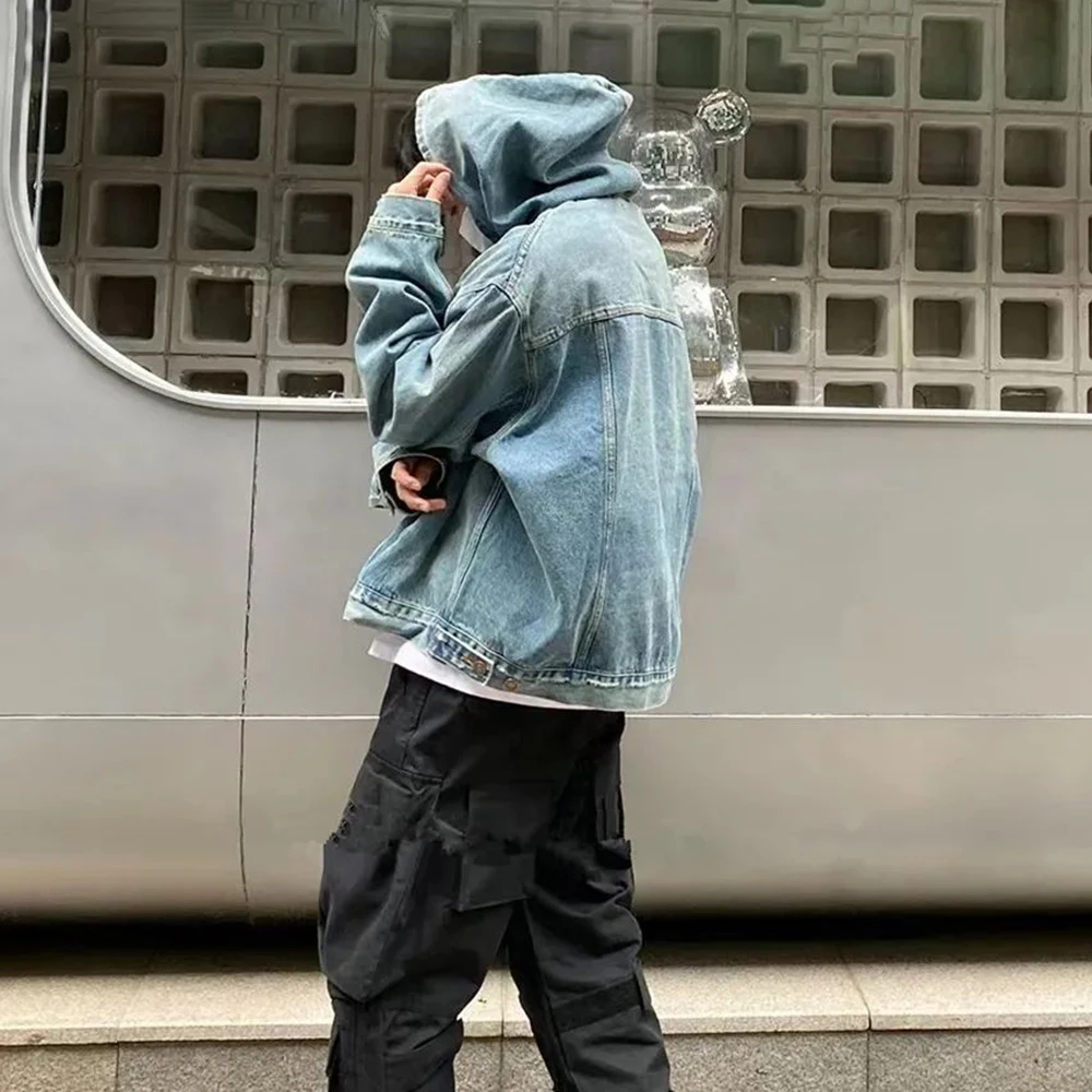 Mens Autumn Fashion Denim Washed Distressed Retro Hoodie Genderless Street Fashion Casual Loose Denim Sweatshirt Unisex - Image 3