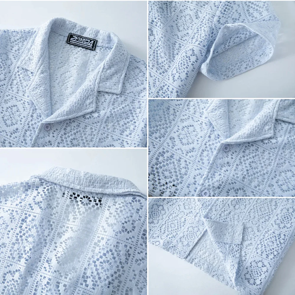 Summer New Men's Knitted Lace Hollow Short-Sleeved Shirt American Retro Fashion Trend Loose Casual Breathable Niche Men's Tops - Image 6