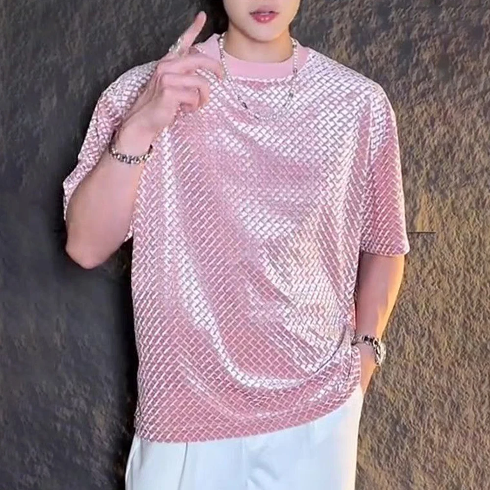 Men T-Shirt Plaid Nightclub T-Shirt Summer Streetwear Niche Ballroom Stage Performance Short-Sleeved Top Men'S Clothing 2025 New - Image 4