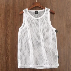 Mens T-Shirt Hollow Semi Transparent Sexy Sleeveless T-Shirt Summer Sports Gym Breathable Quick Drying Top Men's Clothing 2024