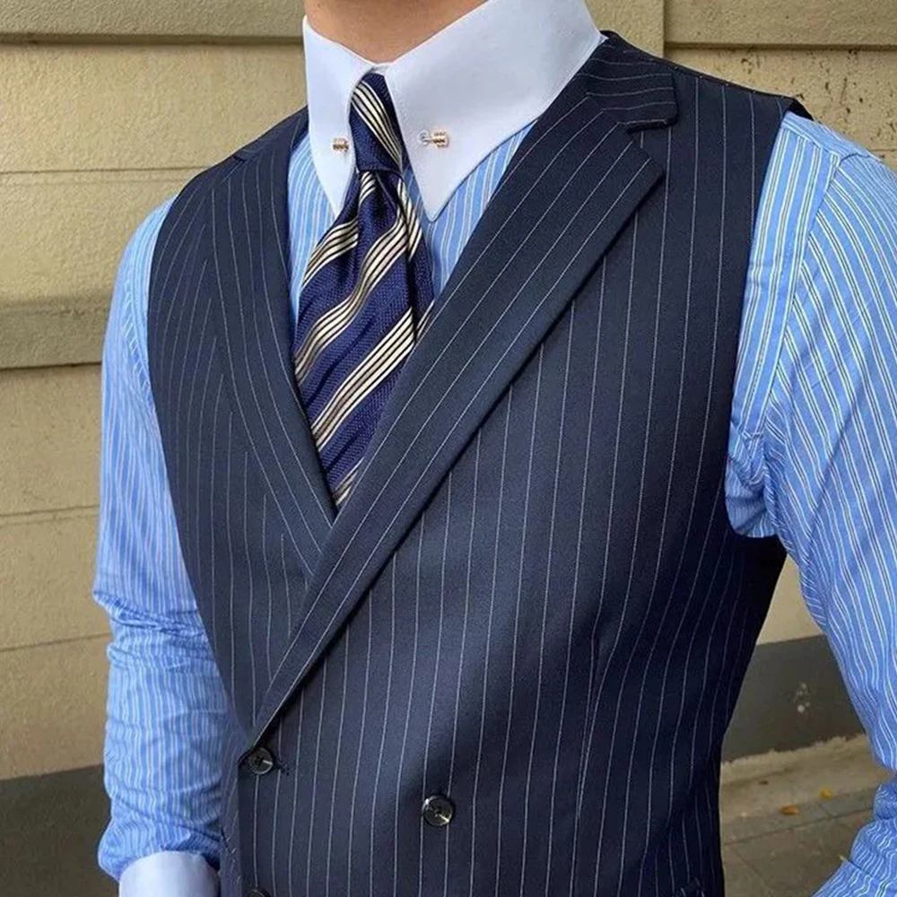 British Style Business Men's Striped Suit Vest Retro Double-breasted Elegant Slim Lapel Casual Men's Vest Retro Waistcoat Trendy - Image 6
