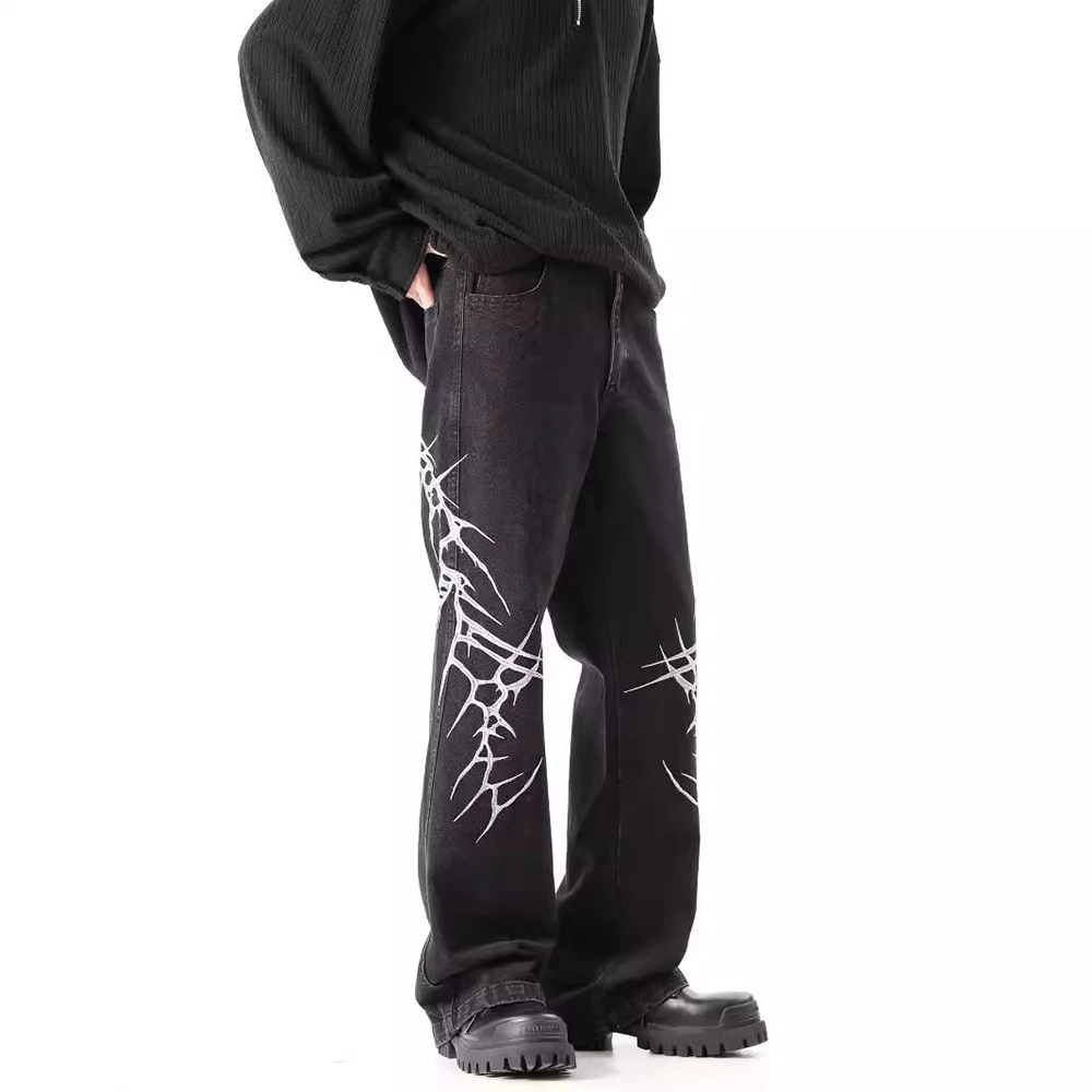 Hip-Hop Street Niche Loose Straight Y2k Jeans Mens American High Street Fashion Trend Leisure Heavy Embroidery Flared Trousers - Image 4