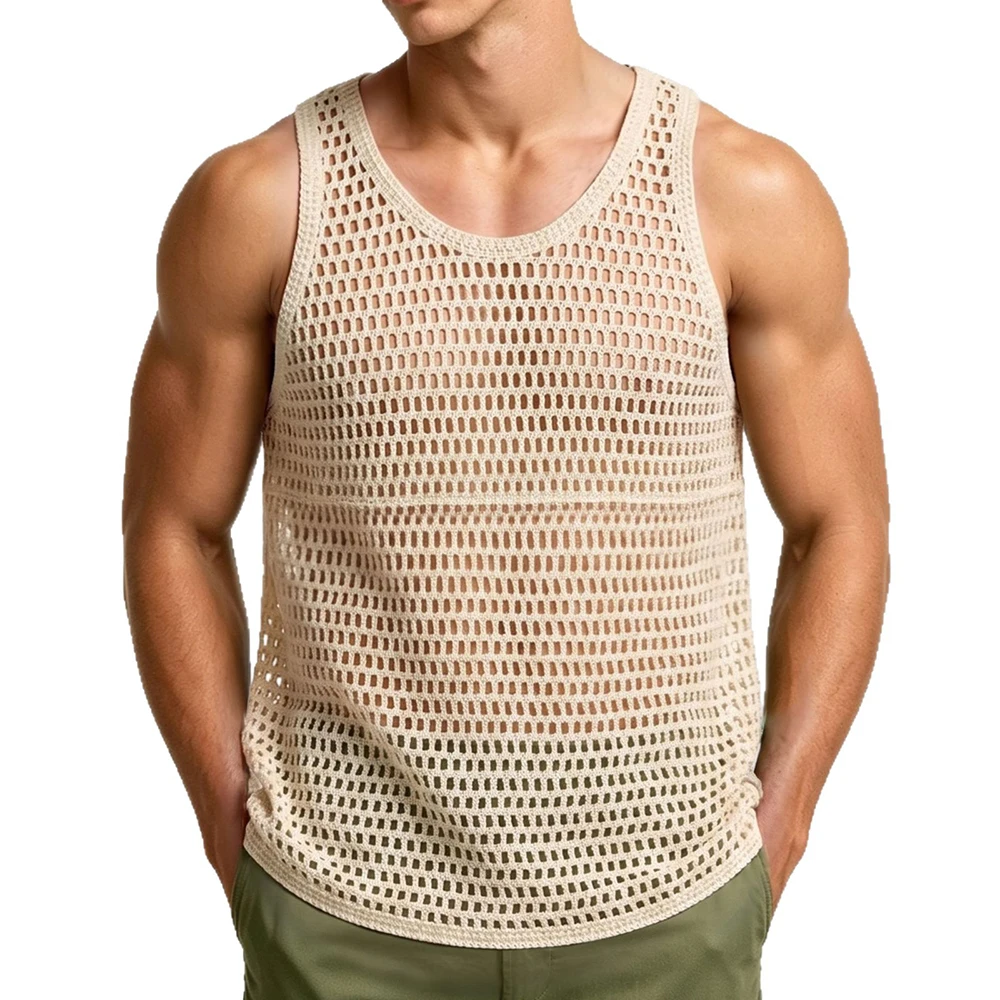 2026 Summer New Men's Solid Color Knitted Sleeveless Vest Retro Fashion Trendy Street Loose Breathable Casual Niche Men's Top - Image 2