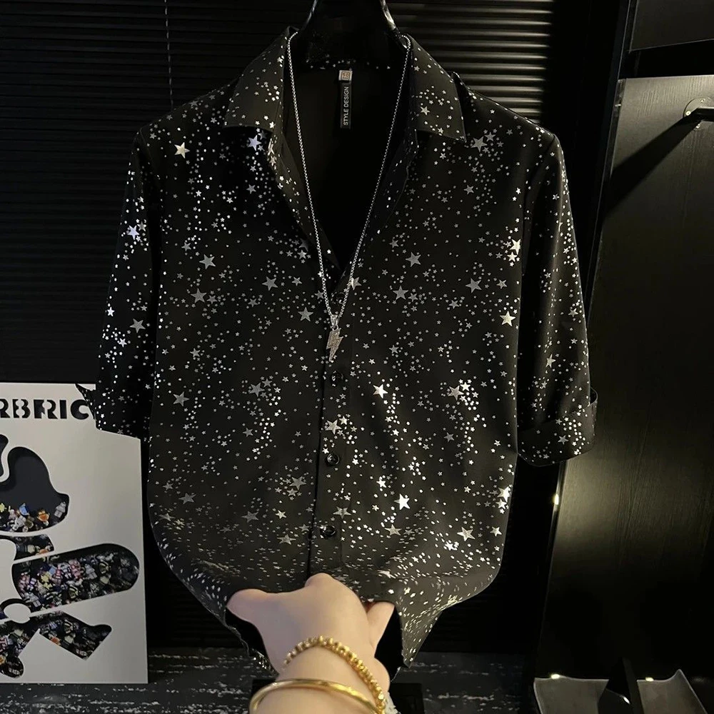 Summer New Male Starry Sky Short-Sleeve Shirt American Retro Fashion Trendy High Street Loose Casual Breathable Niche Men's Top - Image 3