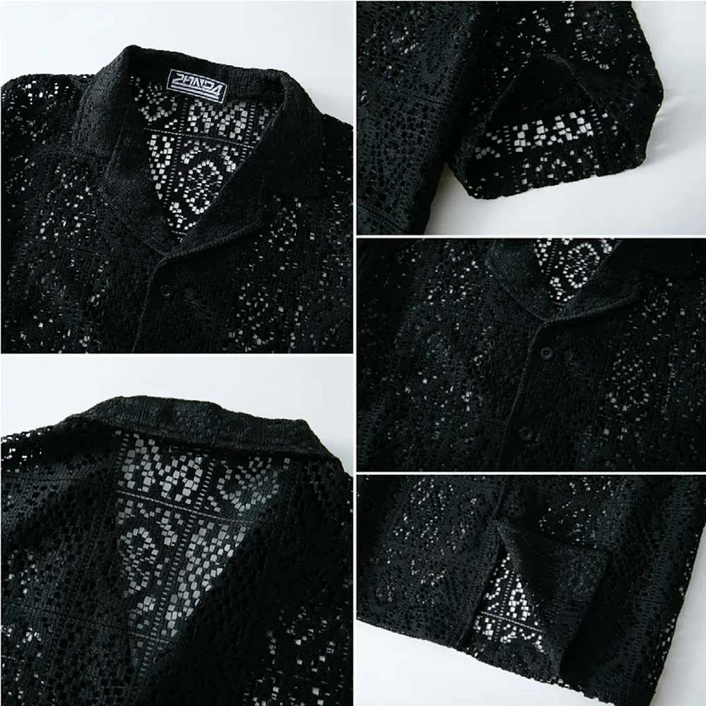 Summer New Men's Knitted Lace Hollow Short-Sleeved Shirt American Retro Fashion Trend Loose Casual Breathable Niche Men's Tops - Image 4